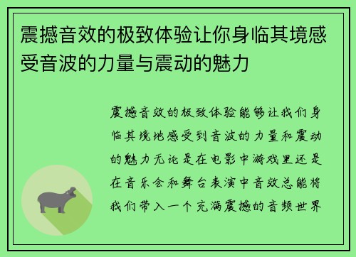 震撼音效的极致体验让你身临其境感受音波的力量与震动的魅力